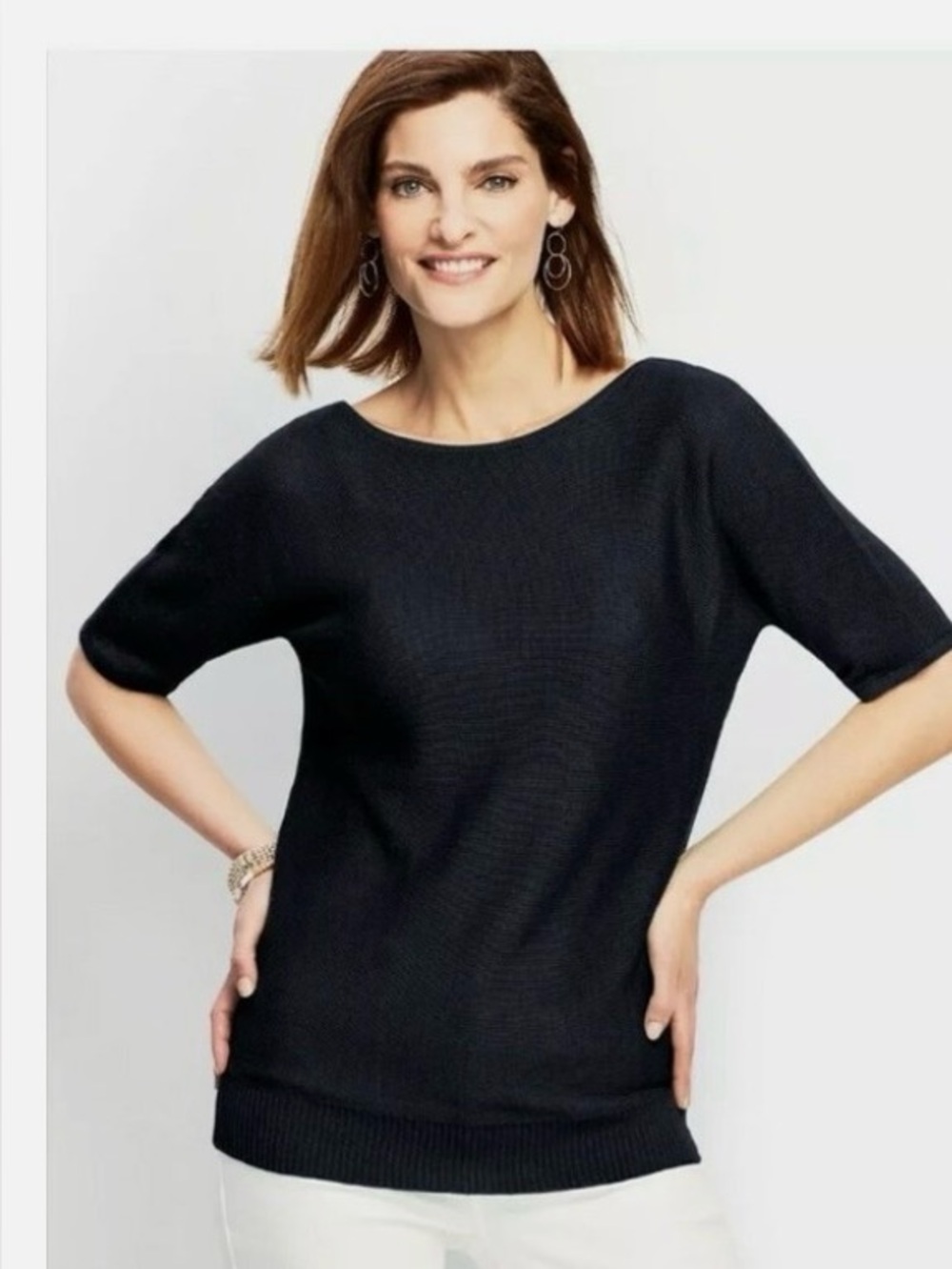 Talbots Woman NWT 2XP Navy Linen Short Sleeve V Back Top Semi Sheer Sweater